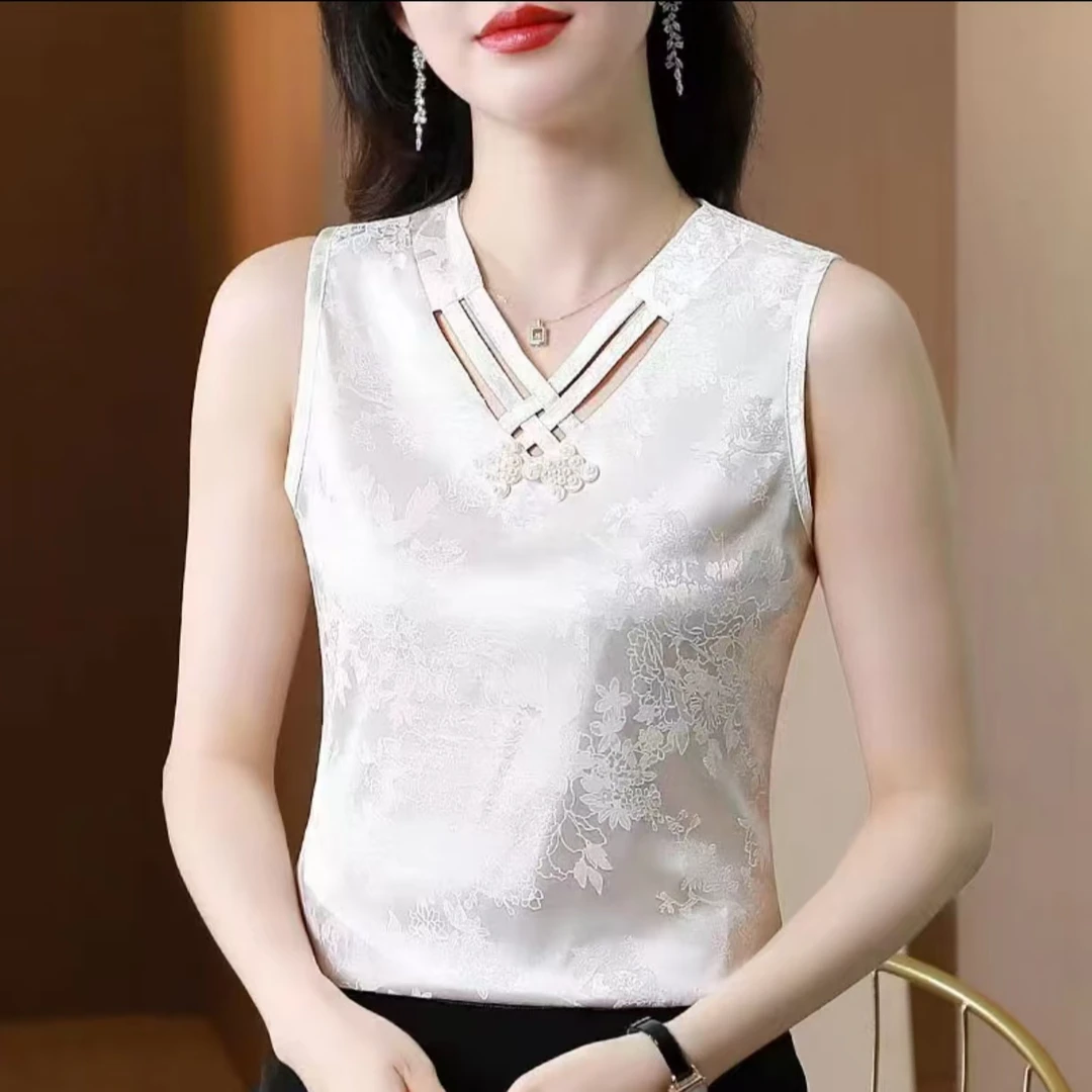 新中式国风吊带背心女无袖吊带夏显瘦缎面提花打底衫V领内搭上衣