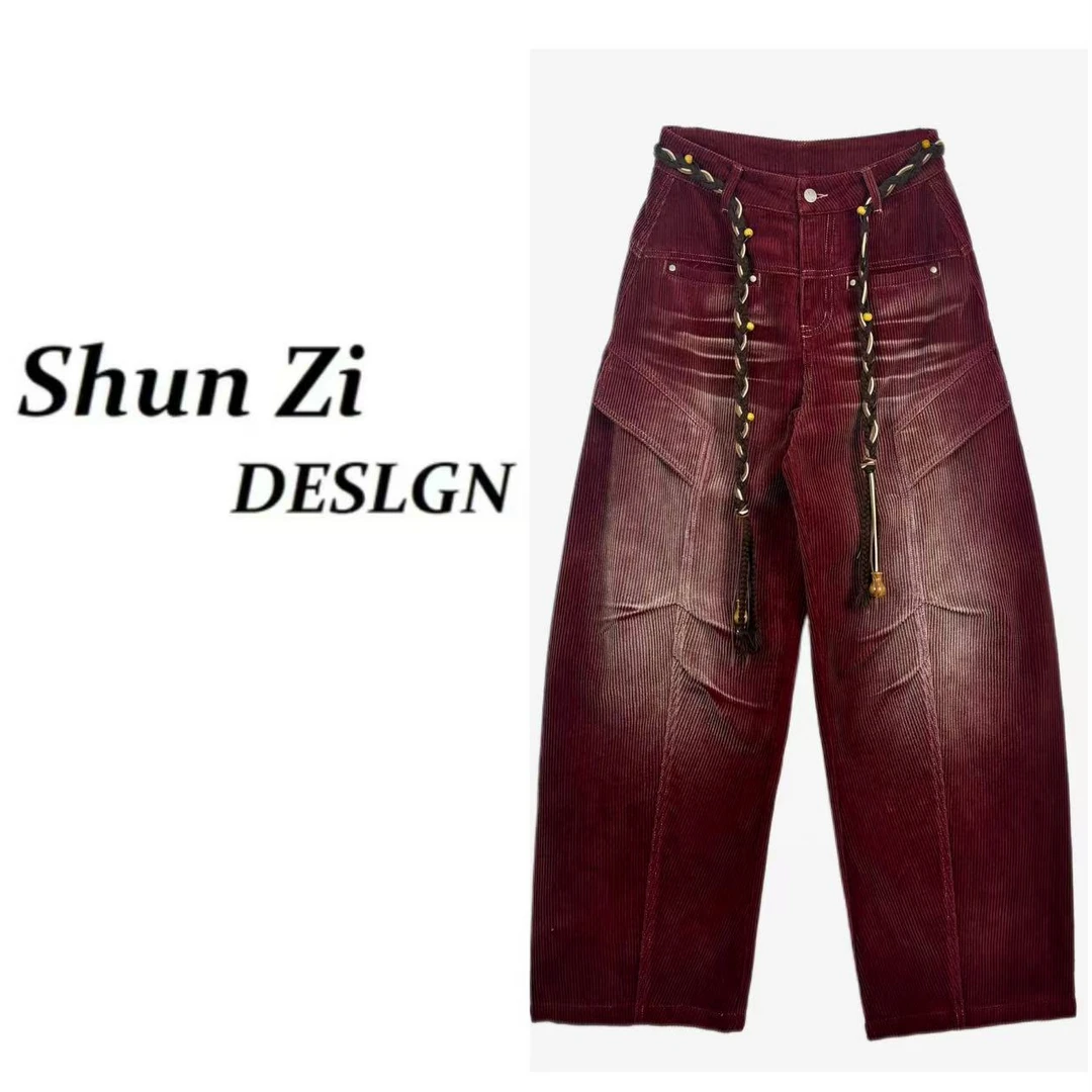 顺子/SZ9912 秋季新品复古水洗红渐变撞色隔断捏褶显瘦弯刀裤