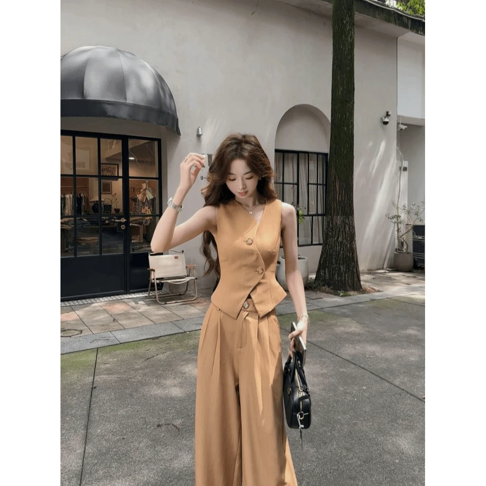 时尚御姐气质一整套设计感修身背心马甲上衣宽松褶皱阔腿裤子套装