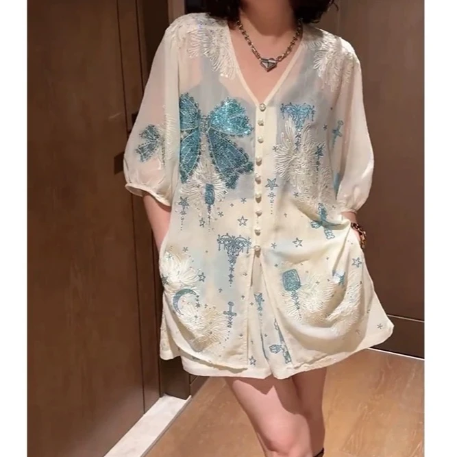 【蜜爷家】欧洲站蓝色蝴蝶刺绣V领七分袖套装08808#