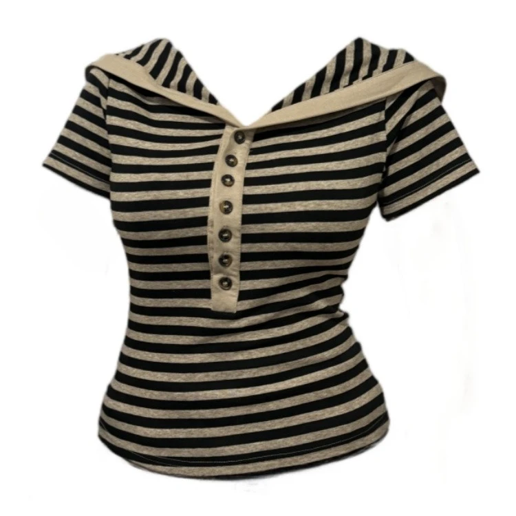 咔萌莉大码胖MM甜辣条纹撞色一字肩T恤女夏新款修身显瘦翻领上衣2