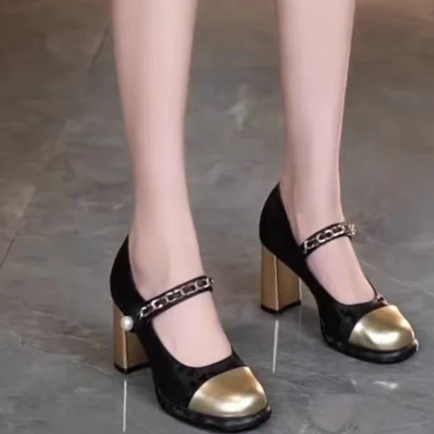 2025春季新款国风刺绣高跟鞋女粗跟圆头浅口玛丽珍一字带单鞋