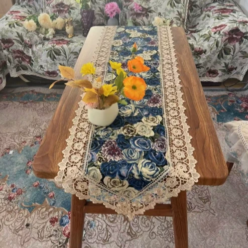 ZN162-174蓝玫瑰【40*150】蓝色妖姬棉麻交织布桌布茶几布