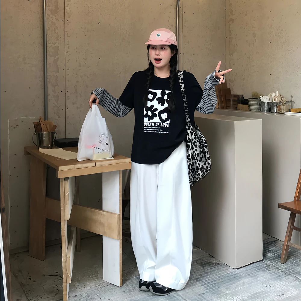 知葵微胖定制【时髦私裤】韩版百搭两色弯刀阔腿休闲裤12253XXK5141