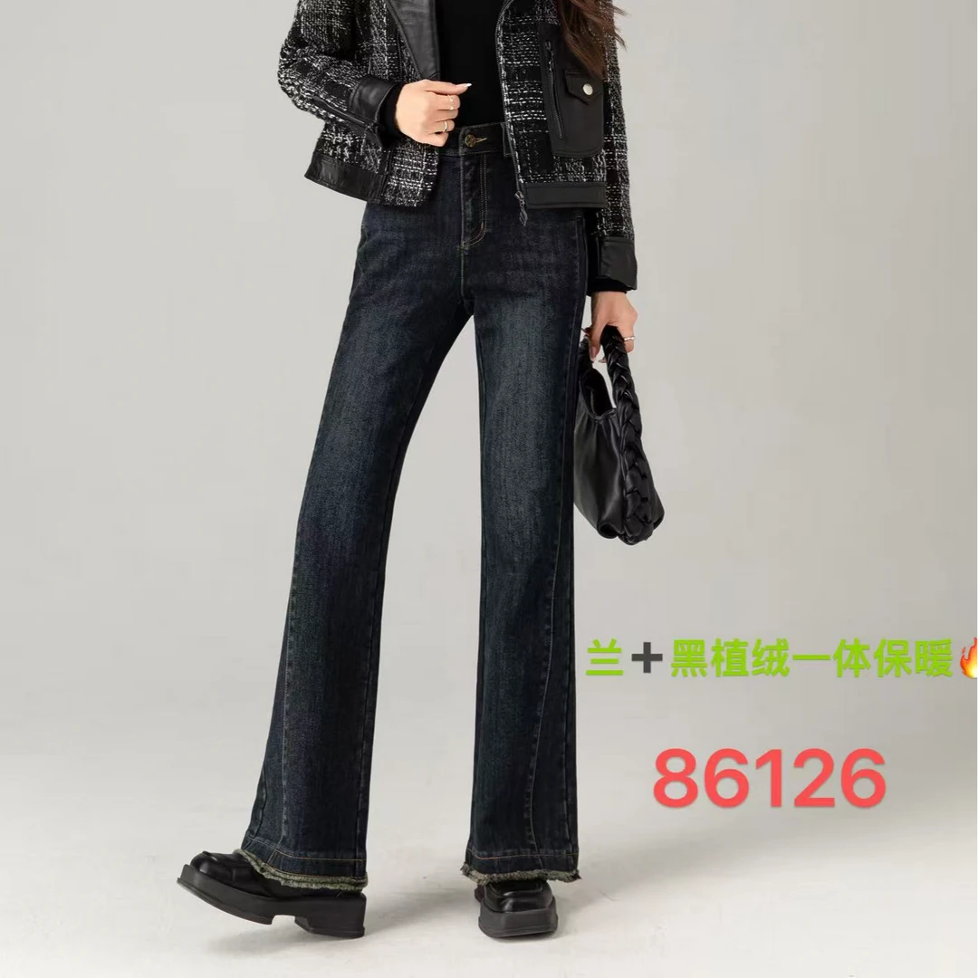 86126冬款高弹植绒微喇裤修身