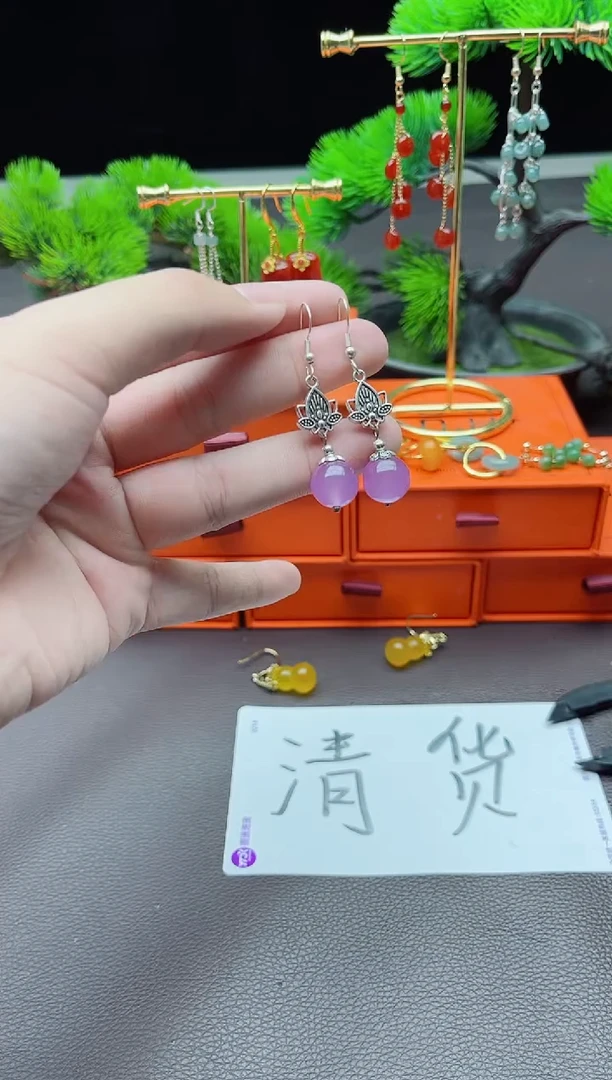 石英质玉（非洲翠）银S925镶嵌耳饰321