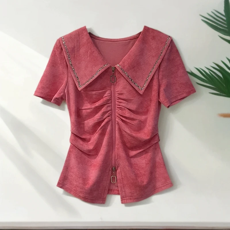 设计感褶皱重工烫钻短袖T恤女夏季2025新款时尚休闲显瘦百搭上衣