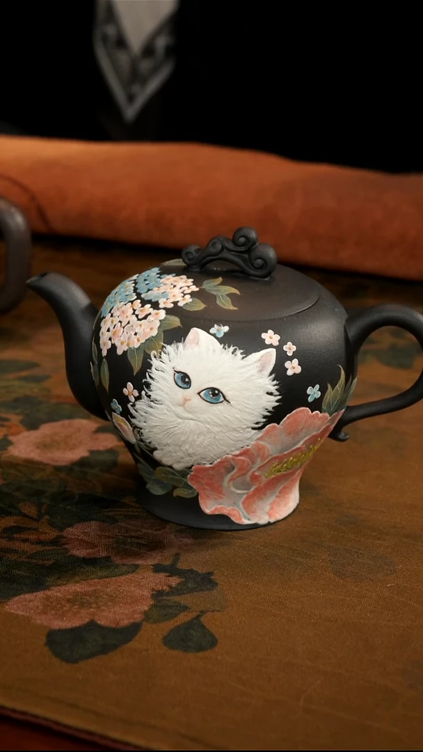 茶壶紫砂黑泥仙女猫壶