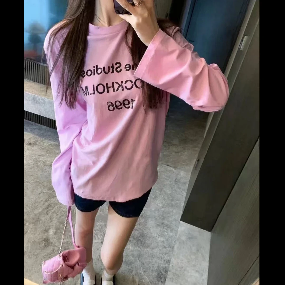 美式复古粉色字母印花长袖t恤防晒罩衫女夏季外搭宽松上衣空调衫
