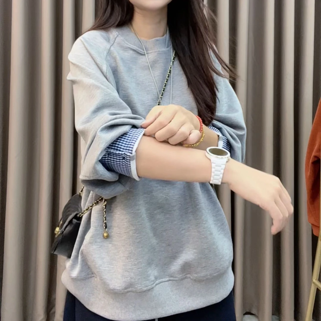 2025秋季新款韩版休闲宽松上衣拼接长袖中长款卫衣女装B221