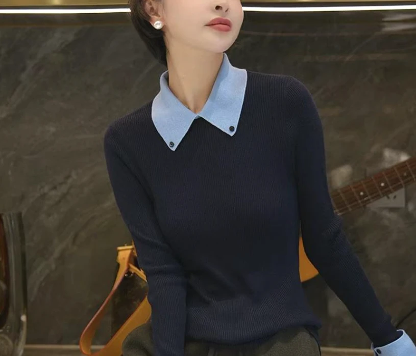 拼色修身翻领假两件长袖针织衫女秋冬新款时尚显瘦高级感气质毛衣