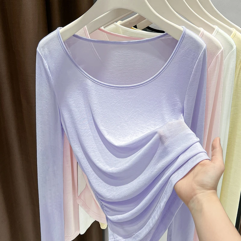 夏季薄款微透长袖T恤上衣女百搭软糯修身打底衫紫色大U领外穿小衫