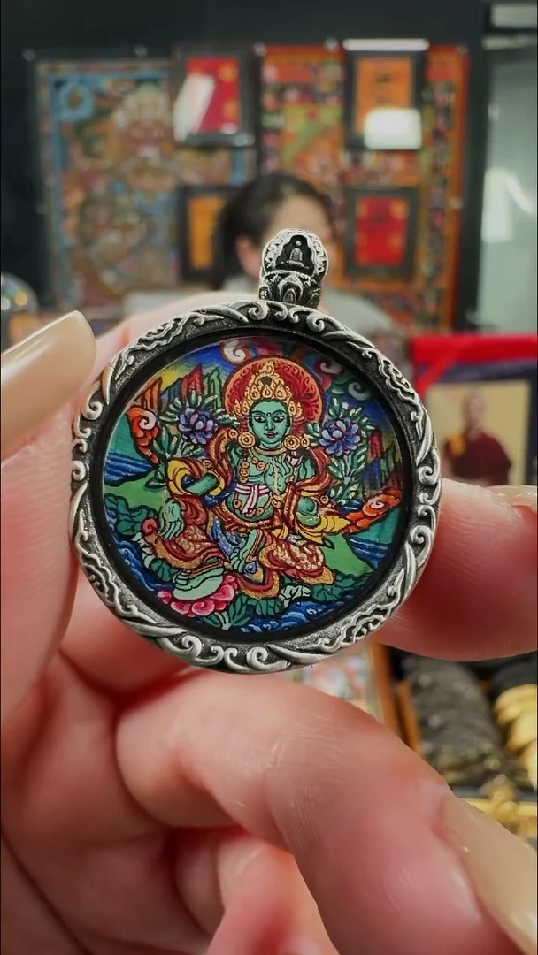 吊坠壹善缘城手绘唐卡绿度2.0银壳双面