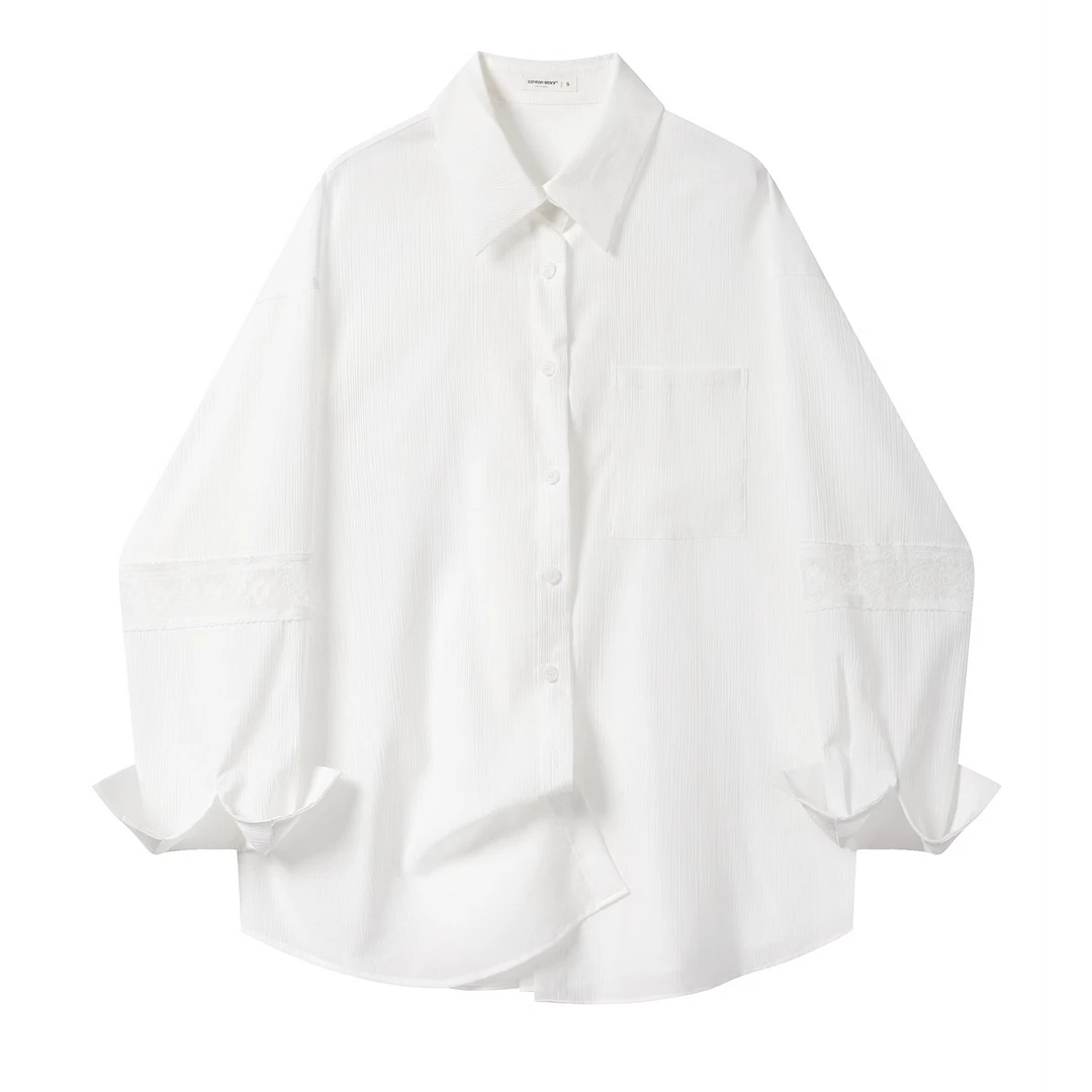 羊城故事-蓝色蕾丝花边落肩长袖衬衫女2025轻薄防晒衬衣Y50550182