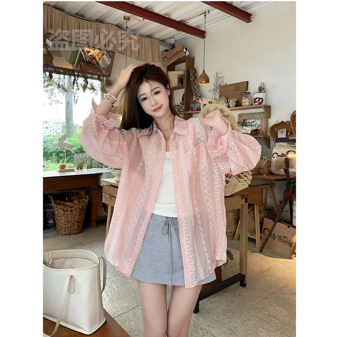 盗图必究甜美微透衬衫2025秋季新款宽松中长款长袖薄款设计感
