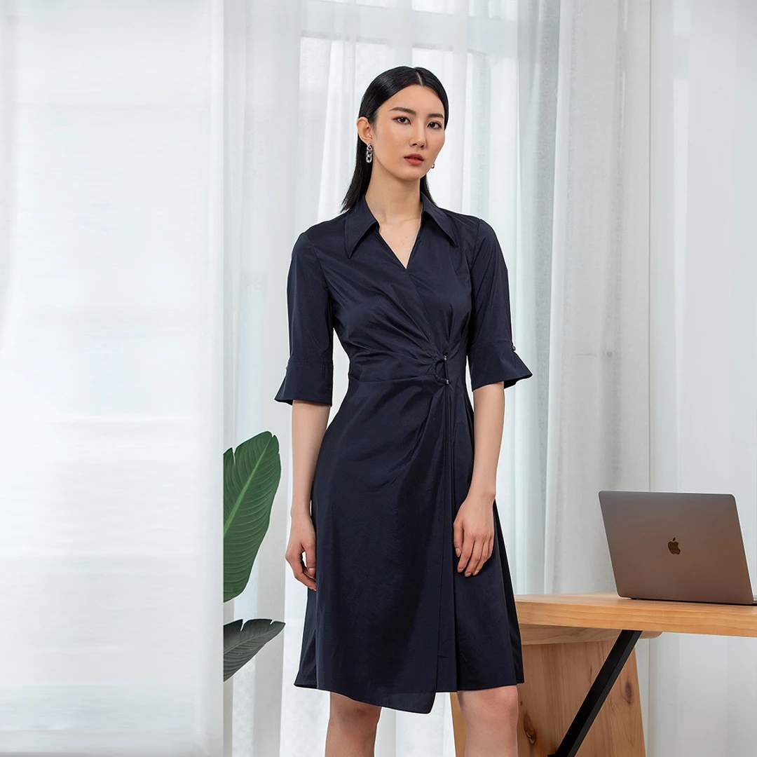 赢智尚夜蓝色轻薄舒适高品质女装连衣裙显瘦ZF01201