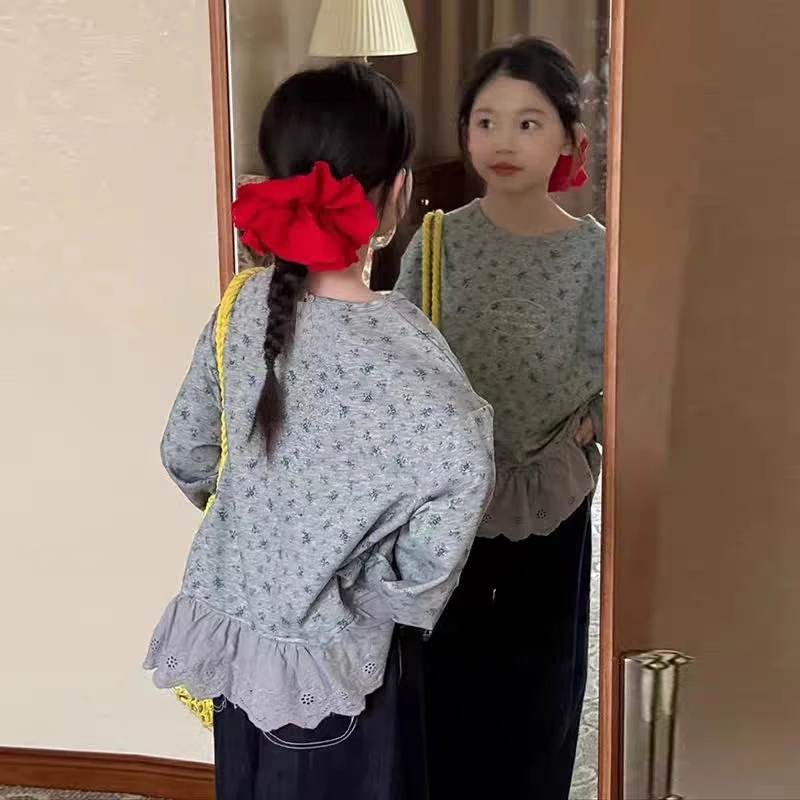 2025新款女童卫衣碎花裙小清新女孩上衣花边百搭蕾丝拼接宽松韩版