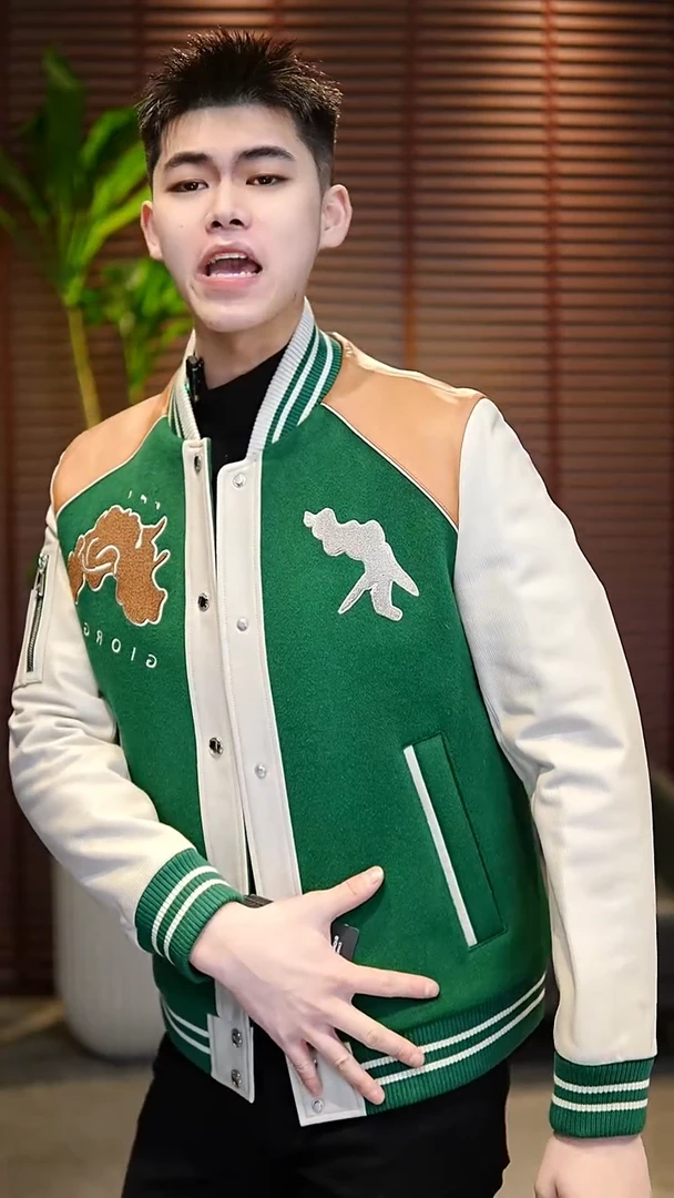 48码（100-125斤）男士羊毛真皮拼接棉夹克