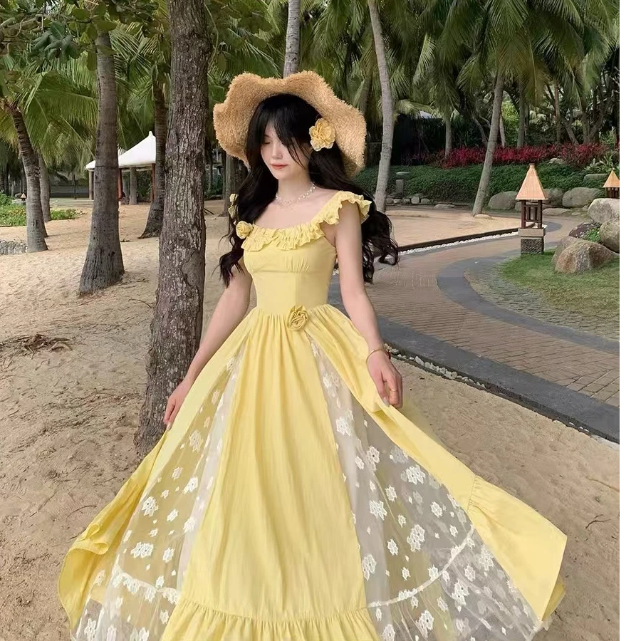 日落花园 明亮浪漫复古蕾丝拼接头巾系带公主小飞袖连衣裙