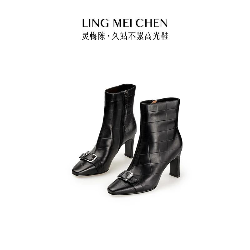 达人【压纹胎牛梅花扣】牛皮秋冬气质时尚高品质简约灵梅陈高跟短靴