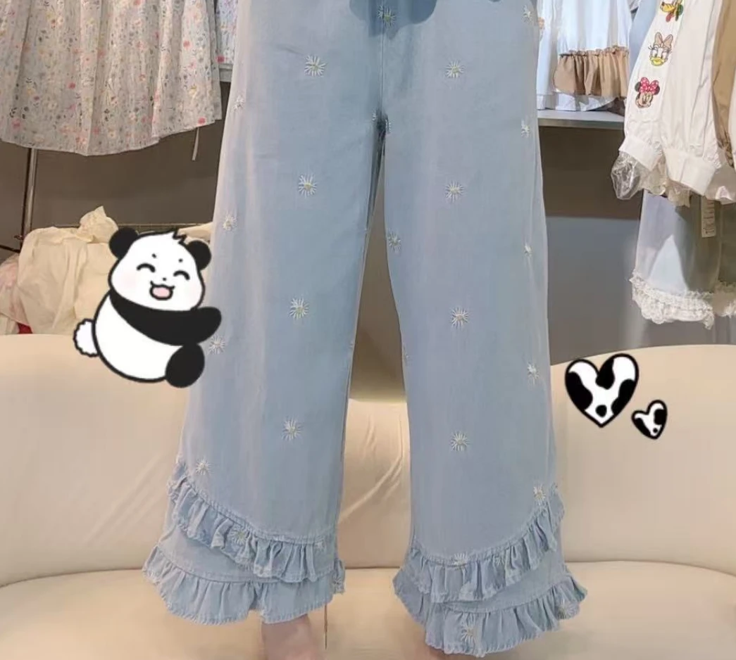 女春季牛仔裤女牛仔长裤夏季高腰薄款女裤子百搭蕾丝时尚休闲