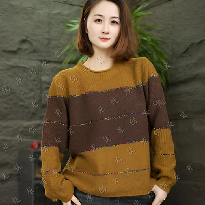 【撞色彩条毛衣】女毛针织衫秋季条纹毛衣女装大码打底衫套头衫