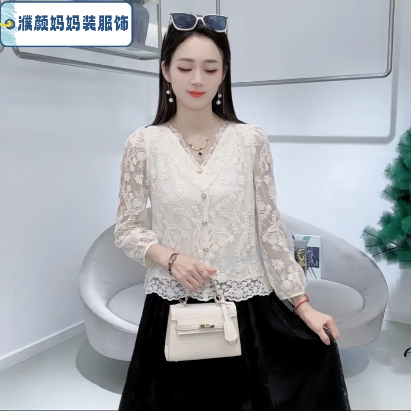 韩系时尚蕾丝衫女士春秋新款洋气V领长袖衬衫小个子宽松体恤上衣