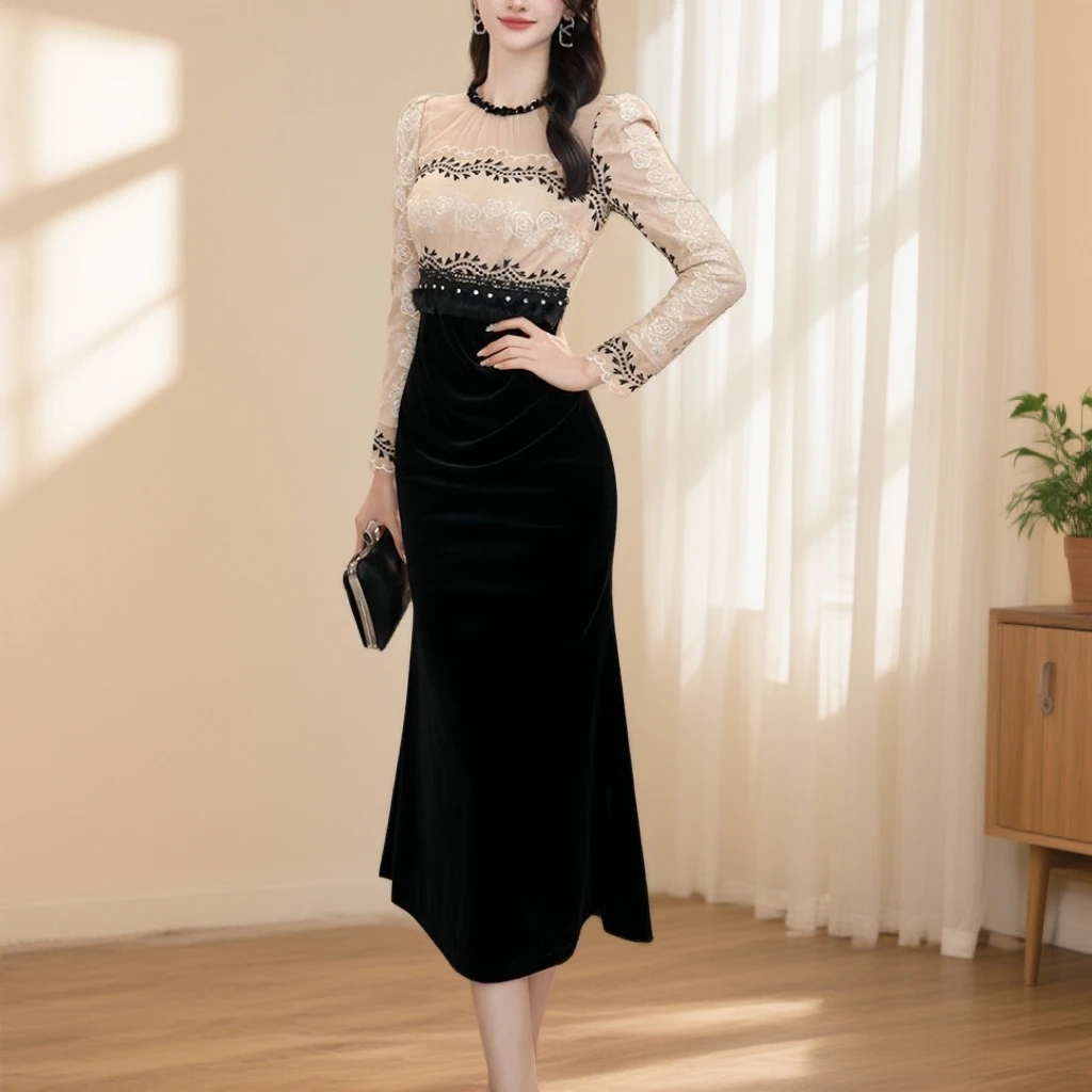 新款法式气质拼接显瘦收腰简约时尚连衣裙45431