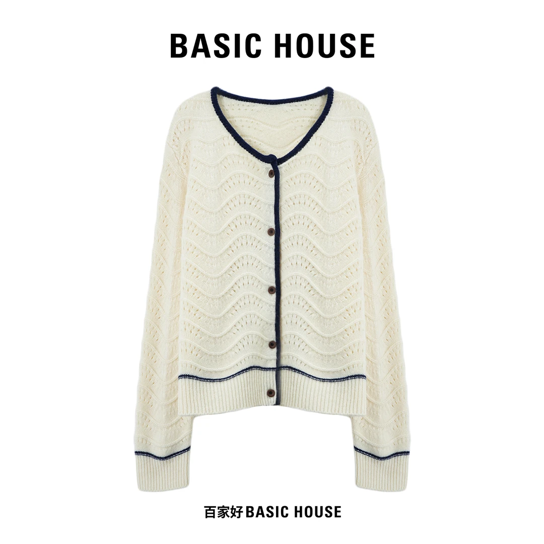 Basic House/百家好2025秋法式镂空小香风撞色纹理针织衫U442 YY
