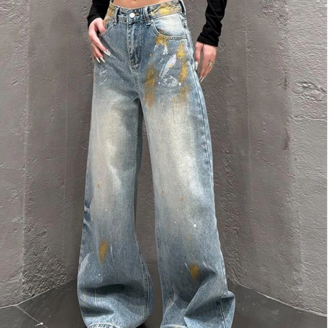 早秋新款水洗美式复古松弛感牛仔裤女休闲风显瘦百搭直筒阔腿裤子