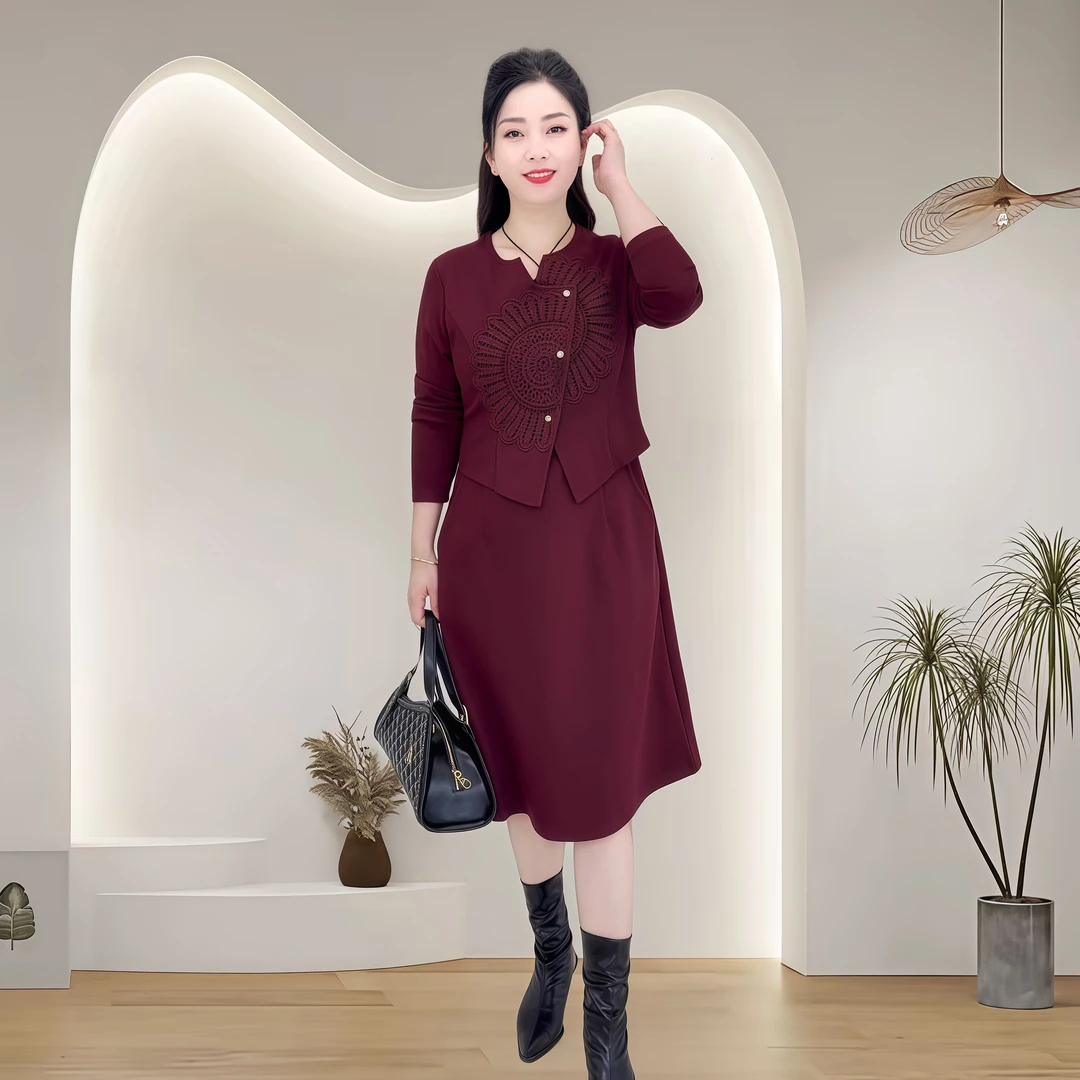 2025春季长袖显瘦中长款女装优雅圆领连衣裙洋气百搭轻奢裙女士