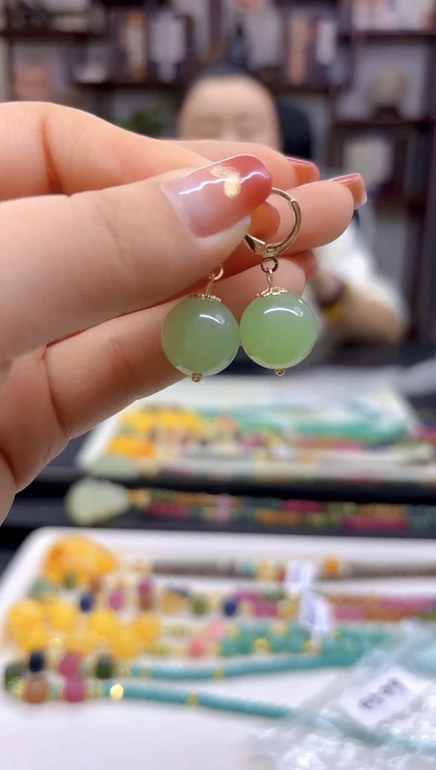 【闪购商品】和田玉（青玉）耳饰14K金镶嵌E599