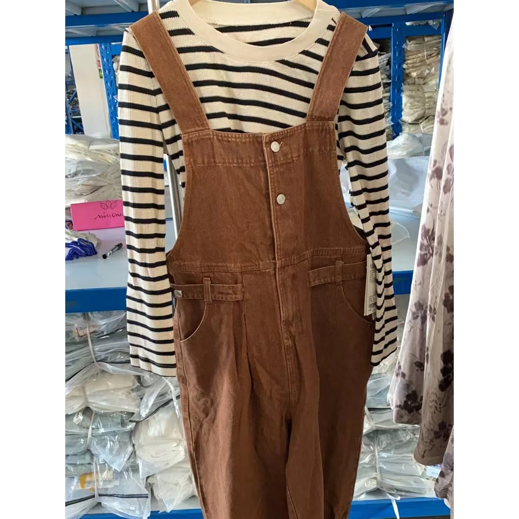 背带裤春秋款宽松阔腿直筒小个子外穿长裤