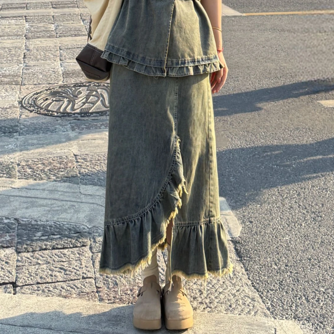 盈盈&南岛风大码女装高腰不规则设计感牛仔半身裙胖mm半裙ZYY1556