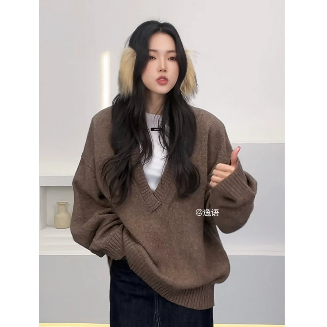 【清】逸语2024冬季v领羊毛毛衣女韩版宽松百搭针织上衣75336