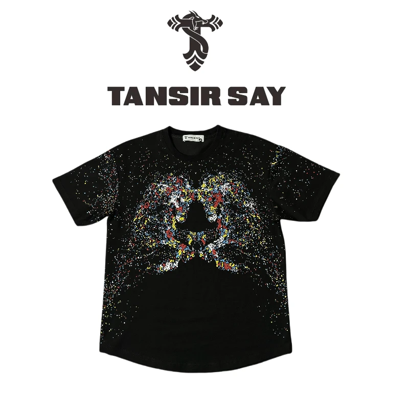 TANSIR SAY男装夏季圆幅羽彩虹多色拔印花短袖男士美式美式时尚