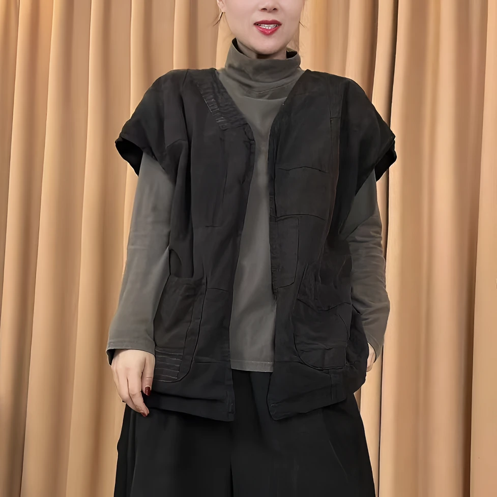 本古佳1219老布拼接双层马甲124*70简约宽松女士百搭无袖休闲时尚