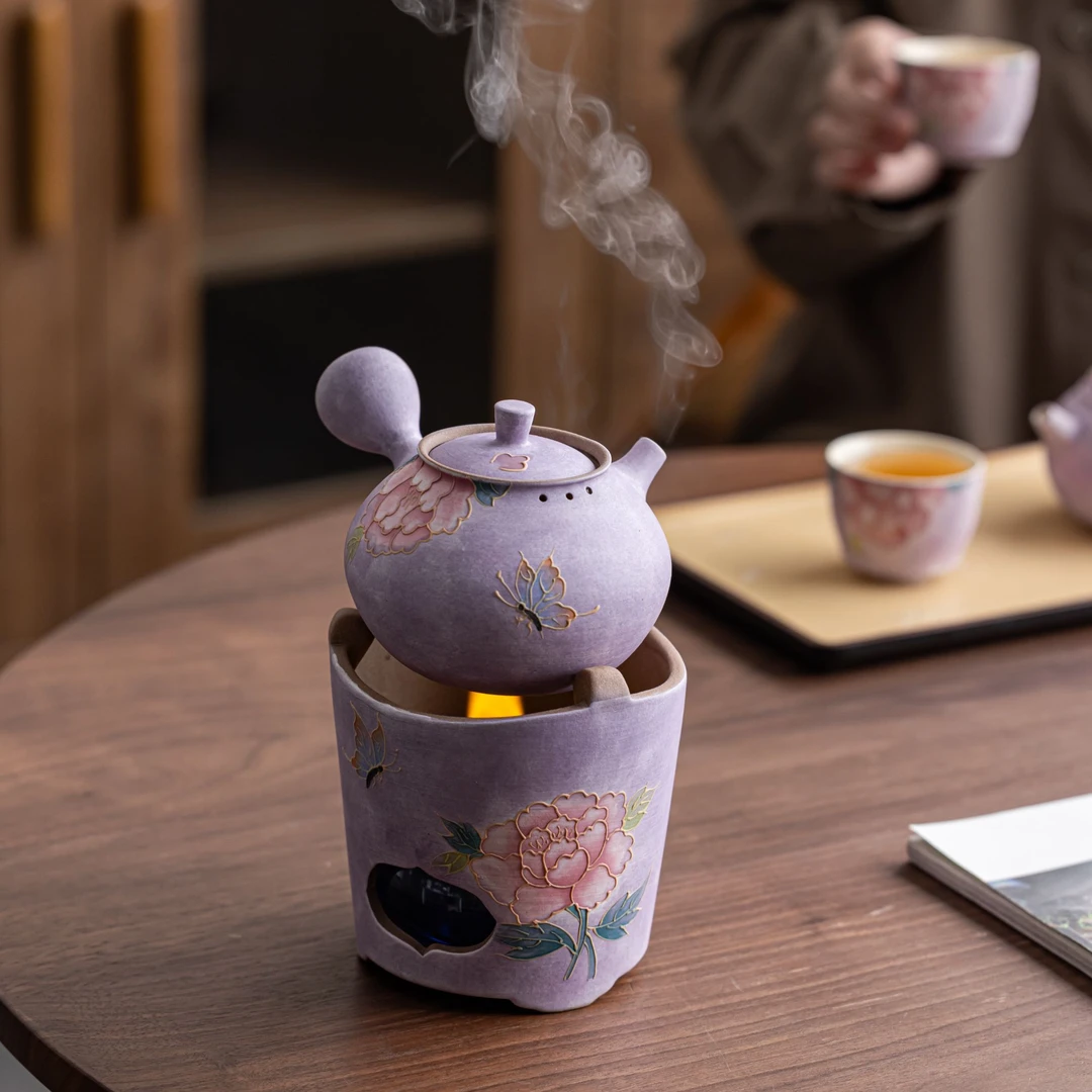 亘古粉引牡丹煮茶炉家用泡茶侧把壶不烫手茶具堆绘紫色粉引陶瓷01