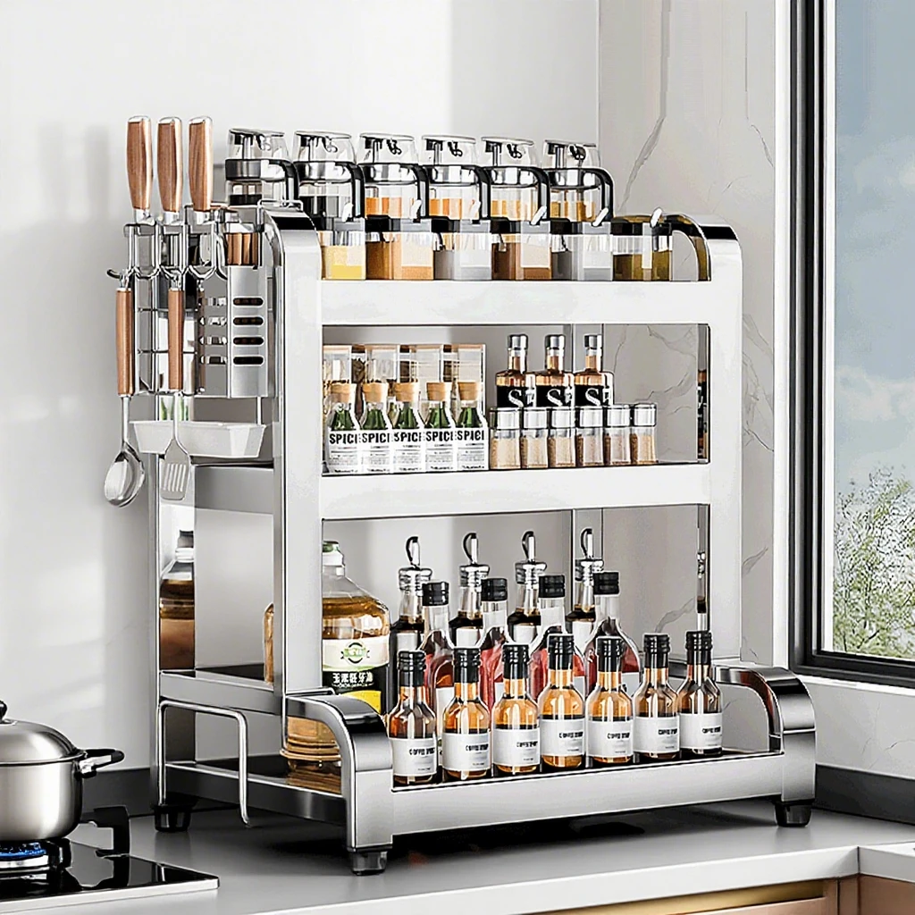 不锈钢多功能置物架加厚家用筷子刀架盐调味罐收纳盒调料架置物架