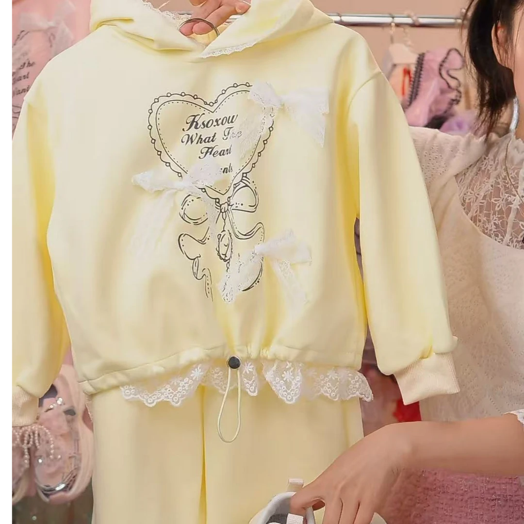 H023韩系【爱心蕾丝卫衣套装】新款2025女童套装