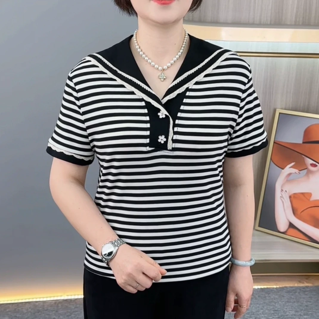 夏季新款精致洋气海军领设计时尚妈妈装遮肚显瘦短袖上衣H2632