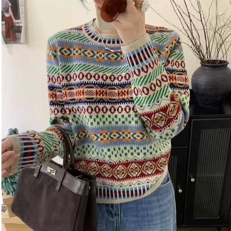 【玉姐家】费尔岛提花加厚保暖显瘦圆领套头毛衣90-140 新选f831