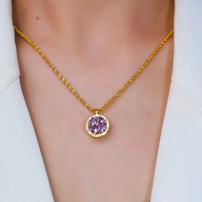 钛钢项链 轻奢时尚紫色可旋转四叶草项链女高级感锁骨链百搭颈链