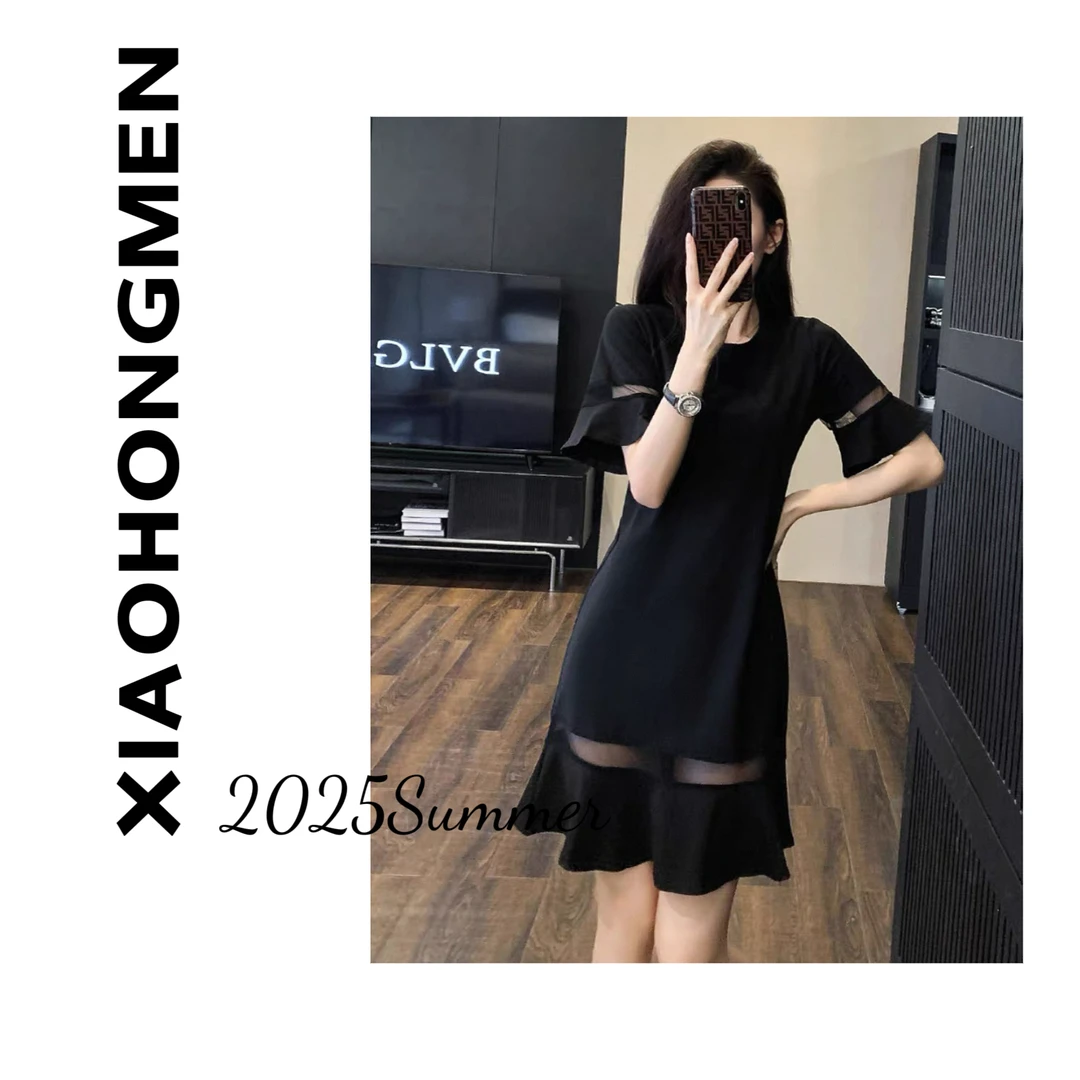 新A172 2025夏季新款赫本风宽松显瘦荷叶边鱼尾连衣裙