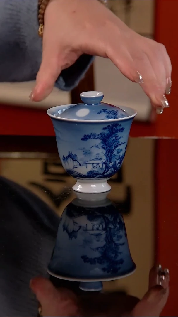 高金堂作青花夜景山水岩茶盖碗