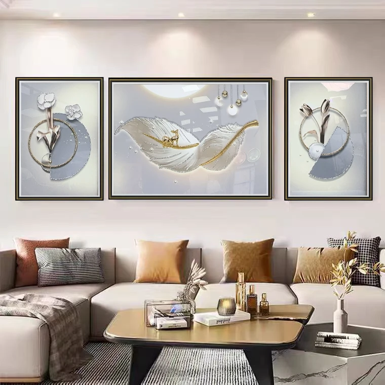 M19现代轻奢羽毛客厅装饰画简约大气沙发背景墙画实物鎏金三联画
