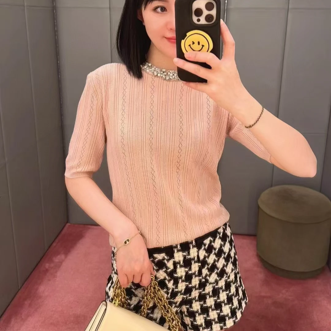 430# V手工镶嵌水钻圆领短袖上衣