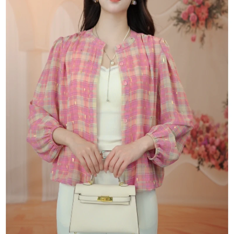 烫金粉色格子长袖衬衫上衣休闲宽松大码显瘦衬衣洋气时尚夏季新款