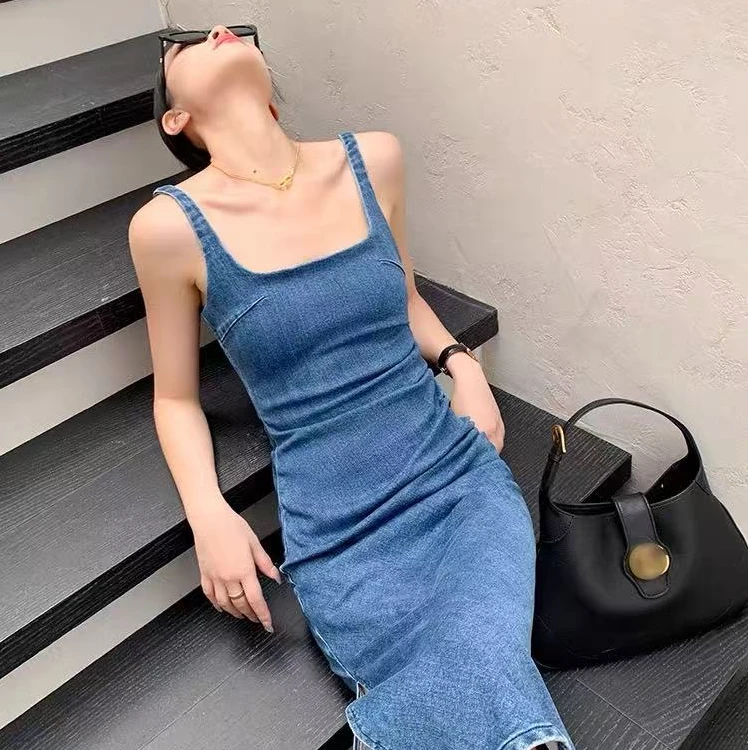 【YY】复古蓝色牛仔吊带连衣裙女
