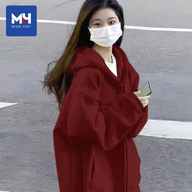 唐狮集团MH春秋宽松红色卫衣女2025新款爆款慵懒风连帽开衫外套L